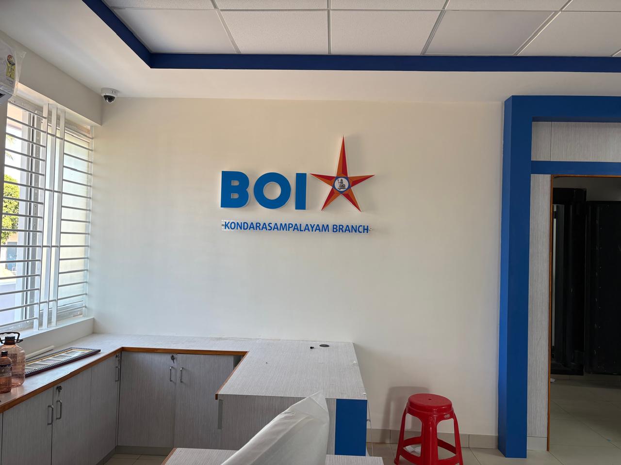 Bank of India Kondarasampalayam branch interior lettering by Choice Advertising